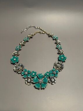 Stunning Teal Enamel & Silver Floral Statement Necklace